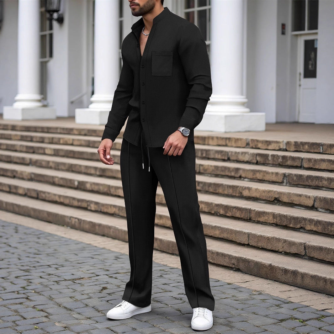 Waffle-textured Solid-color Stand-collar Shirt And Long-sleeve Pants Casual Set
